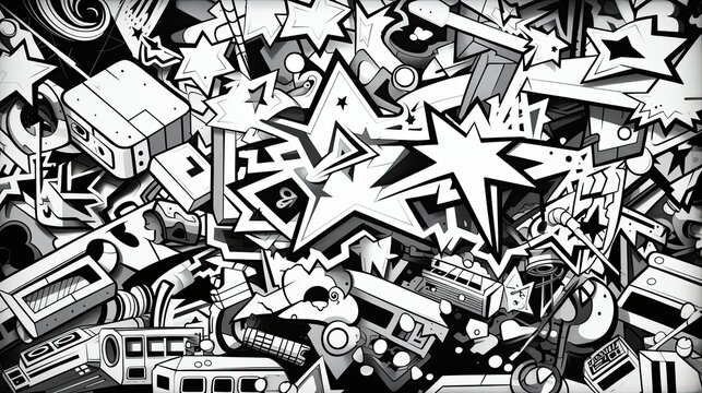 Fototapeta Monochromatic Abstract Pattern of Overlapping Geometric Forms, Exploding Stars, and Industrial Junk, Creating a Vibrant Urban Grunge Backdrop with Dynamic Energy