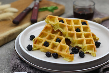 Waffle with dried blueberry topping and honey. Breakfast concept with grey background.