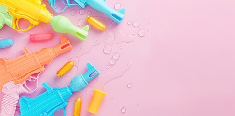 Fototapeta premium Pastel Water Battle: Splashing Fun with Colorful Water Guns