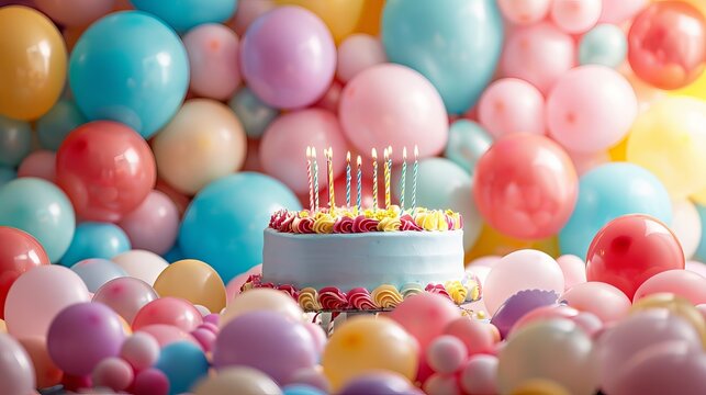 Birthday Celebration: Colorful Balloons Backdrop with Cake and Candles - Festive Party Atmosphere
