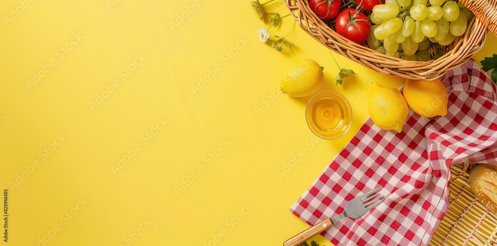 Poster Sunny Picnic: Picnic Basket on a Vibrant Yellow Background