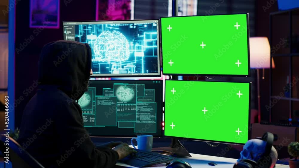 Poster rogue computer scientist uses ai deep learning and green screen pc to develop malware. hacker uses a