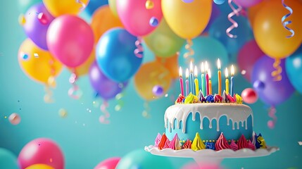 Birthday Celebration Scene with Colorful Cake and Balloons - Festive Party Background