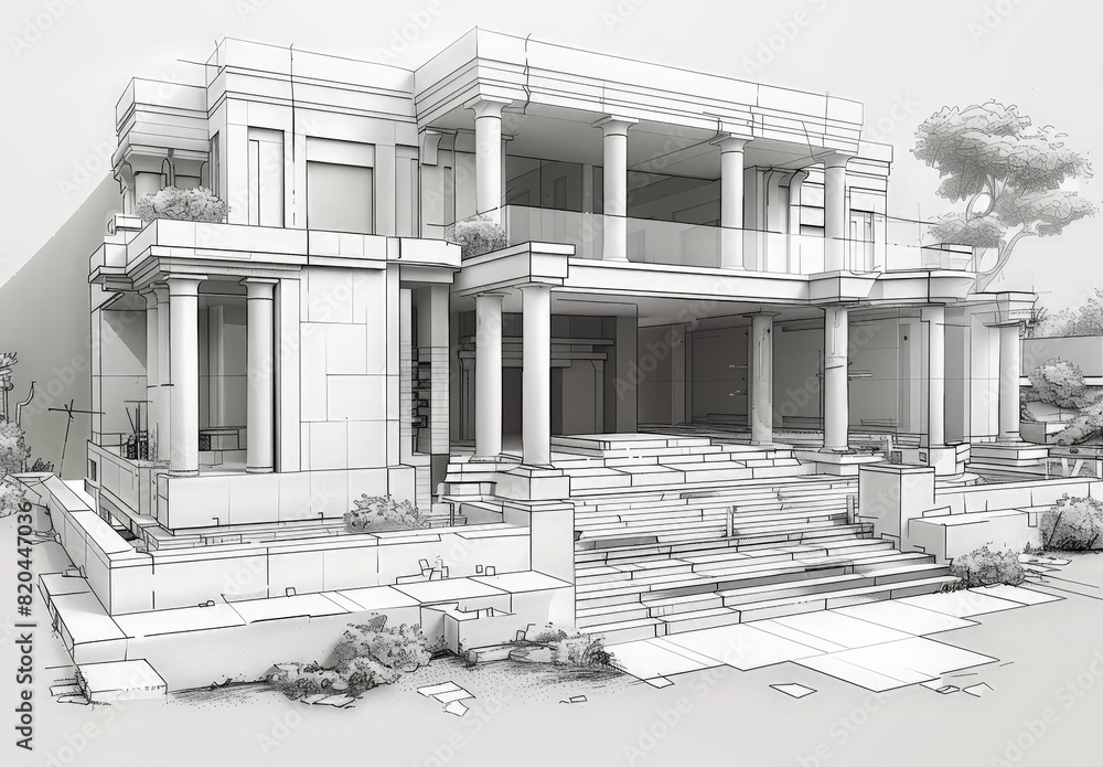Poster Wireframe rendering of a contemporary house with technical details