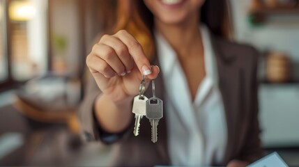 Woman realtor offering the keys of a new house to the client