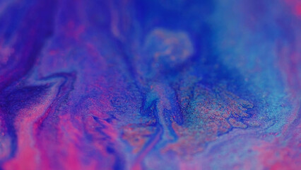 Color liquid spill. Ink splash. Blur bright blue pink glitter texture acrylic ink mix flow abstract...