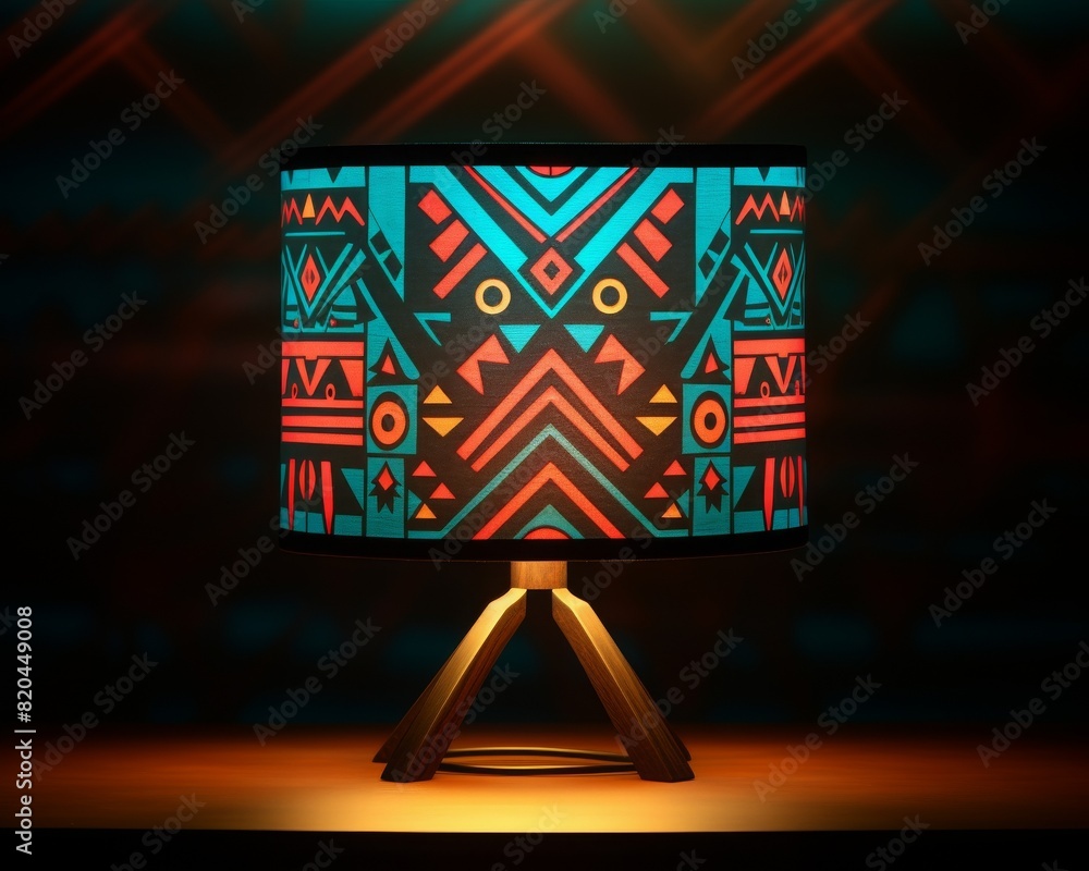 Poster colorful table lamp with geometric patterns on a dark background, creating a vibrant and artistic il