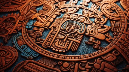 Obraz premium Intricately detailed Aztec calendar stone showcasing ancient Native American art, with vibrant colors and complex patterns.