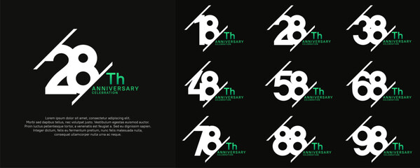 anniversary vector set with white and green color and slash for celebration purpose