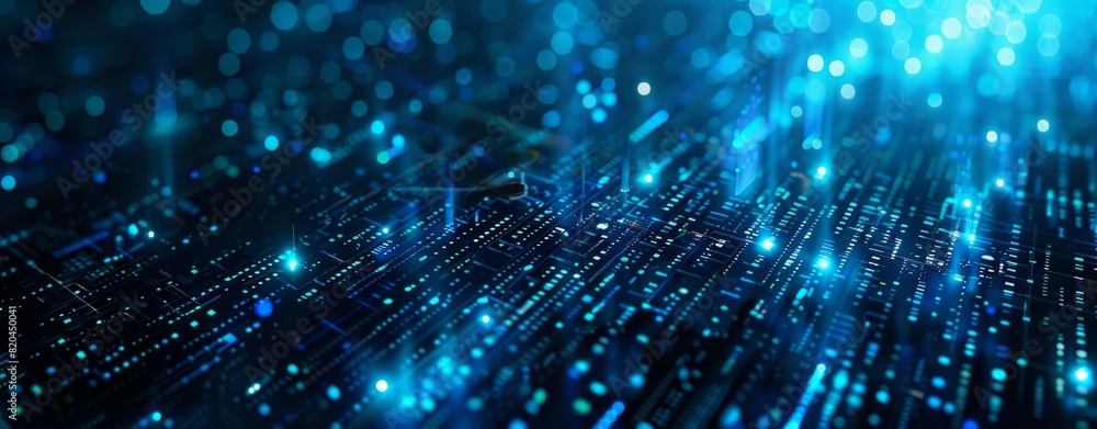 Poster abstract digital background with blue lights and binary code, glowing cityscape night sky in the sty