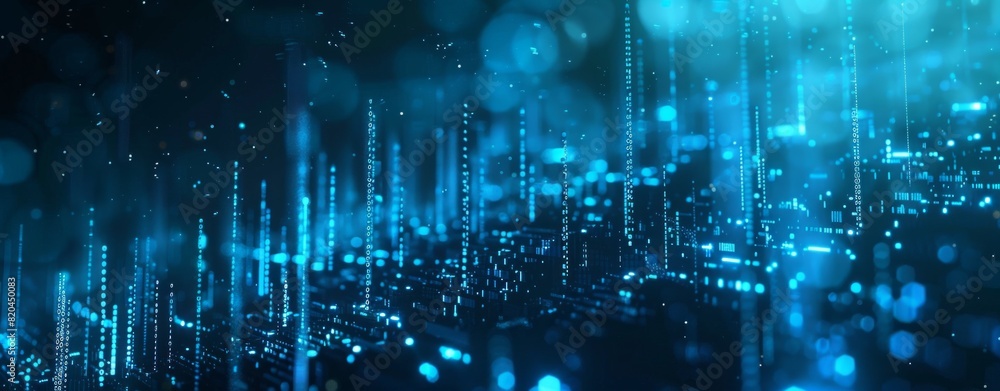 Poster abstract digital background with blue lights and binary code, glowing cityscape night sky in the sty