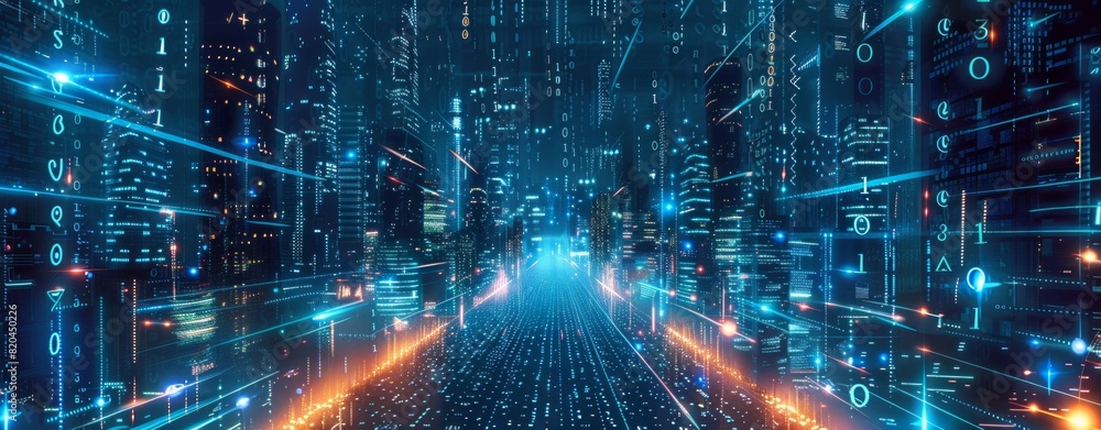 Poster abstract digital background with blue lights and binary code, glowing cityscape night sky in the sty