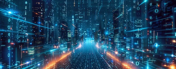Abstract digital background with blue lights and binary code, glowing cityscape night sky in the style of cyberpunk