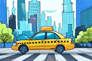 Cartoon cute doodles of a happy taxi cab with a yellow body and black checkered stripe, driving through the city, Generative AI