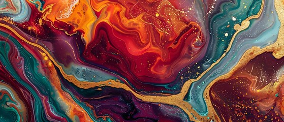 Obraz premium Golden Liquid Luxury - Abstract Colorful Marble Swirls and Waves Against Shimmering Background
