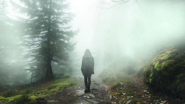 woman and foggy forest. seamless looping overlay 4k virtual video animation background