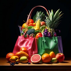  A bag of fruits and vegetables Food delivery packaging plastic bags design with colorful background