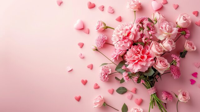 Bouquet of Pink Flowers and Hearts on Pink Background - Mother's Day, Valentine's Day, Birthday Celebration Concept