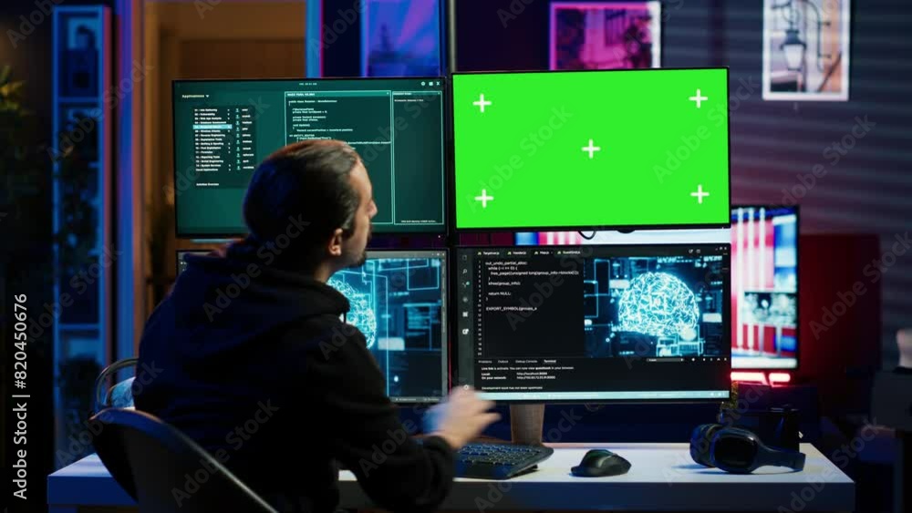 Poster hacker using green screen monitor and artificial intelligence to write spyware software gathering da