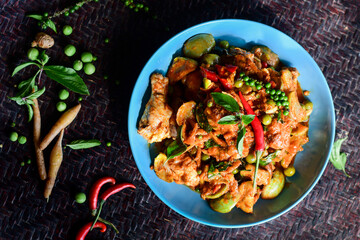 Top view of A Stir-fried spicy chicken. Thai Food