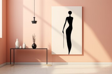 Minimalist interior with abstract art. Modern room with pink walls, sleek furniture, and elegant decor in sunlight.