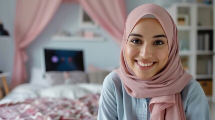 Close up view of the face of a Muslim woman wearing a hijab making a video call in the bedroom.