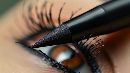Naklejka premium A close-up of someone applying eyeliner, focusing on the eyelid, iris, and a few facial freckles.