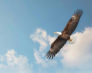 Obraz premium High-resolution desktop wallpaper design for Independence Day, showcasing an eagle in flight against a sky adorned with flag motifs, devoid of human presence, with ample copy-space.
