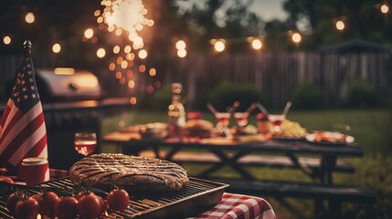 Digital invitation for a Fourth of July backyard barbecue, with a rustic patriotic background and festive fireworks, no people, copy-space, High resolution