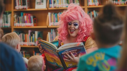 A drag queen reading to children at the local library, surrounded by excited kids and parents. Her pink hair and bright makeup added a fun atmosphere to the cozy book nook,Generative AI illustration.