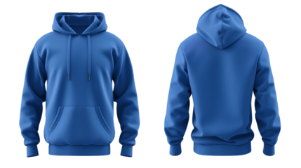 Blue blank hoodie template from two sides isolated on transparent white background, clipping path