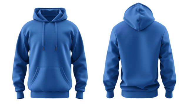Blue blank hoodie template from two sides isolated on transparent white background, clipping path
