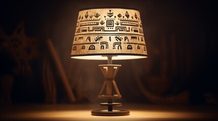 Vintage table lamp with a geometric patterned shade, casting a warm, cozy light in a beautifully designed rustic interior setting.