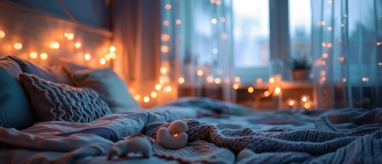 A cozy bed with an imaginative setting, a unique background, and blurred copy space