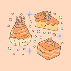 sweet dessert cream tart slice cake sponge cake mango with cute facial expressions and pastel colour