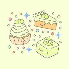 sweet dessert cream tart slice cake sponge cake melon with cute facial expressions and pastel colour
