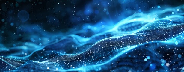 Abstract blue digital background with flowing waves of glowing dots and lines, creating an ethereal atmosphere. 