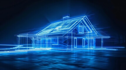 A fantastical depiction of a house outlined in neon blue light