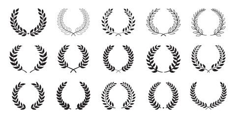 Laurel wreath. Set outline silhouette hand drawn laurel wreaths isolated Doodle floral frames.