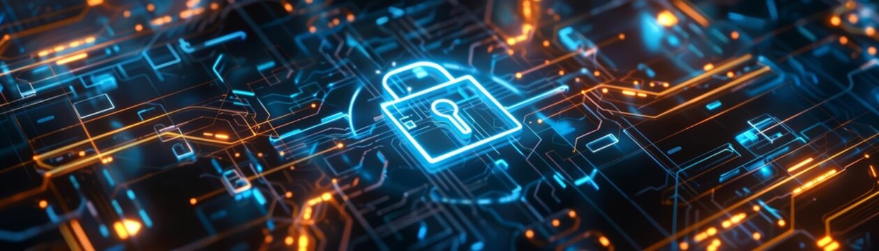 A futuristic digital scene featuring a glowing neon blue padlock icon surrounded by intricate circuit patterns The background is a dark
