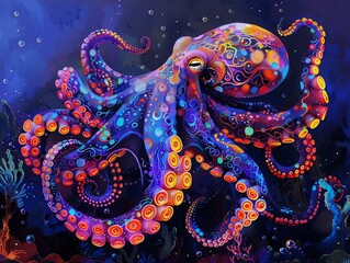Obraz premium A neon octopus with glowing tentacles, moving through a mystical underwater landscape, Watercolor, Neon, Cool tones, Detailed patterns