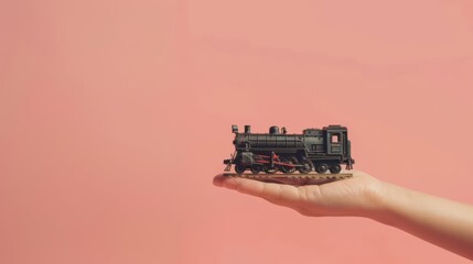 Fototapeta premium A human hand holding a train against a solid color backdrop with copy space