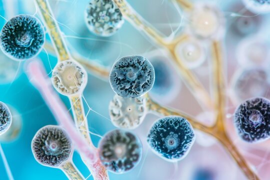 High detail view of mold spores under a microscope