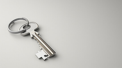 A silver key to a house, attached to a keychain, is shown against a blue background. empty space for copying onto the keychain. represents the idea of buying a new house and the real estate property