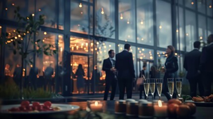 

Blurred shot of business people at party in office center, standing and talking, backs turned, with food and champagne glasses on the table, creating a professional and elegant atmosphere