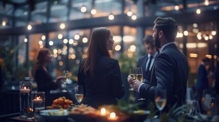 

Blurred shot of business people at party in office center, standing and talking, backs turned, with food and champagne glasses on the table, creating a professional and elegant atmosphere