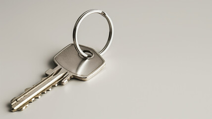 A silver key to a house, attached to a keychain, is shown against a blue background. empty space for copying onto the keychain. represents the idea of buying a new house and the real estate property
