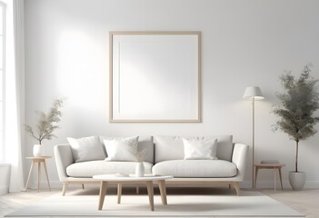 Frame Mockup ISO A paper size frame with a living room wall poster in a modern, white-walled interior design. Photorealistic 3D rendering