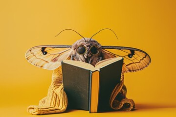 A moth wearing reading glasses and a cardigan, reading a book against a solid yellow background with copy space