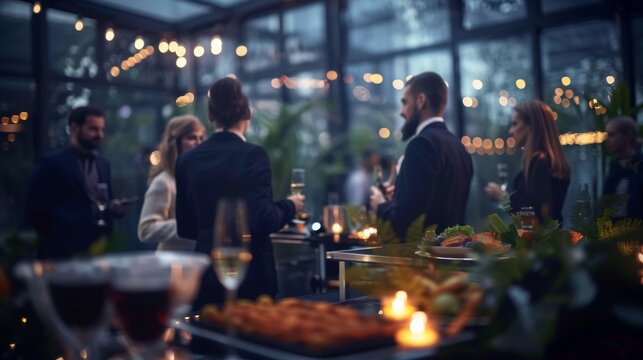 

Blurred shot of business people at party in office center, standing and talking, backs turned, with food and champagne glasses on the table, creating a professional and elegant atmosphere